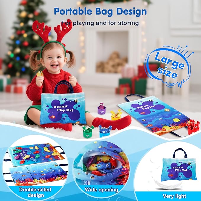 Montessori Toys for 1-2 Year Old - Cloth Ocean Fishing Game with Stacking Cups, Toddler Learning Toy for 12-18 Months, First Birthday Gifts for 1 Year Old Boy Girl, Learn Count and Sort Colors