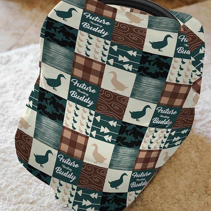 Camouflage Duck Hunting Car Seat Cover for Babies Green Mallard Ducks Plaids Stretchy 5-in-1 Cover Adjustable Car Canopy Cover Wild Ducks Nursery Breathable Nursing Cover-Up