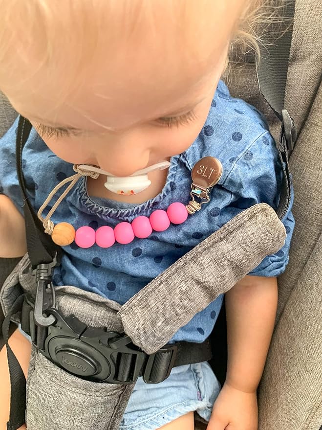 THREE LITTLE TOTS- Silicone Beaded Pacifier Clip Holder for Baby Girl and Boy Made in The USA (Pink)