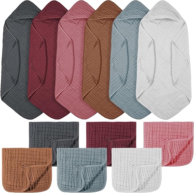 VitalCozy 12 Pcs Baby Muslin Hooded Bath Towels and Washcloths Muslin Cotton Hooded Baby Towels Absorbent Blankets for Gift Newborn Infant Shower (32 x 32 Inch,Multicolor)