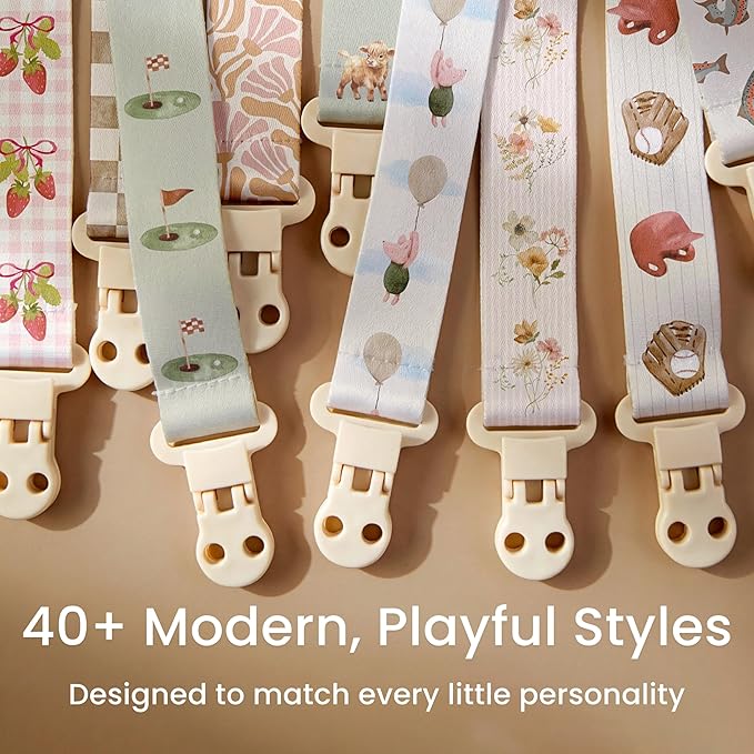 Stadela Baby Fabric Pacifier Clip Holder, Plastic Clip, 4‑Pack, Western Pattern, Jolene Set