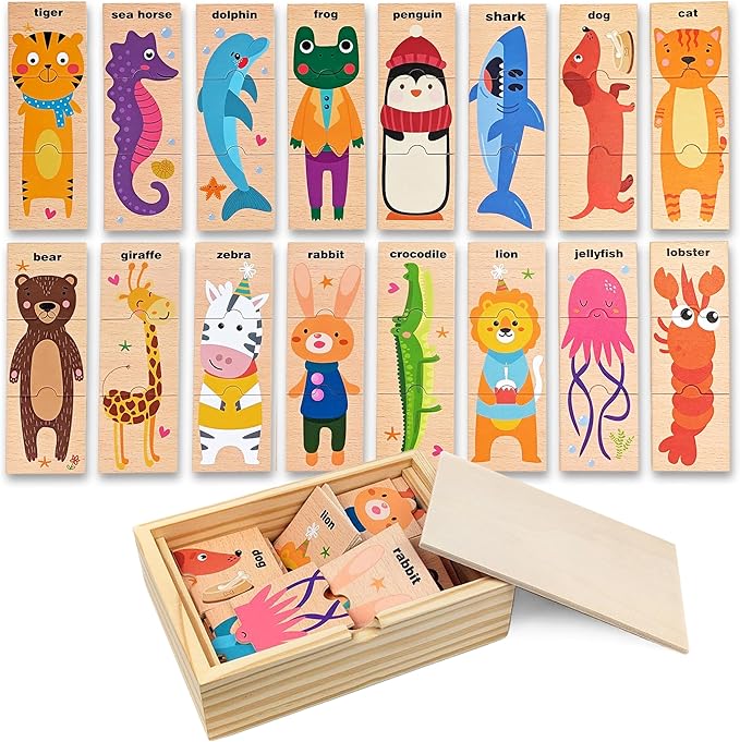 Montessori Wooden Puzzle for Toddlers, Wood Puzzle for Kids Ages 3-5, Animal Matching Game, Preschool Learning Toy, Educational Activity for 3 Year Old Boy Girl Birthday Gift, 48pc with Storage Box