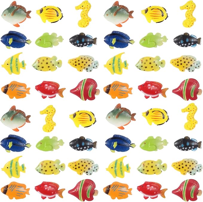 Boao 48 Pcs Plastic Fish Toys Small Tropical Fish Figure Set Sea Animals Mini Bath Toy Tropical Party Favor Gifts Assorted Ocean Creatures Figures Birthday Learning Educational Party Supplies Decor