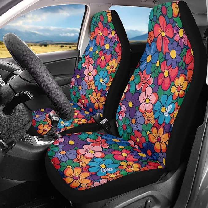 Cute Hippie Flower Car Seat Covers 2 Pcs Stretch Polyester Fabric Cover Waterproof Car Seat Cover Easy Installation Universal Size Fit for Most Cars SUVs Trucks Vans