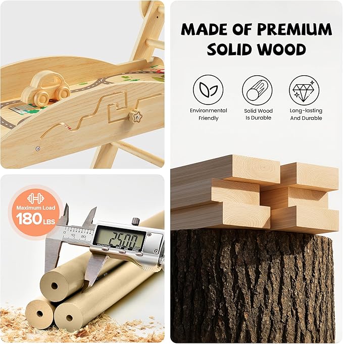 Pikler Triangle Climbing Set with Cushion, Foldable Climbing Toys Indoor, Montessori Toddler Gym, 10-in-1 Climber & Playground, Gift for Christmas, Birthday, New Year (Woodland Cabin)