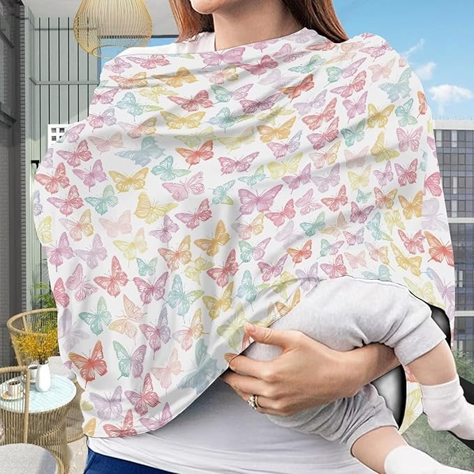 Biyejit Butterfly Print 5-in-1 Car Seat Cover Baby Boy Girl Gift, Privacy Breastfeeding Nursing Cover Newborn Infant Multi-use Carseat Canopy Carrier