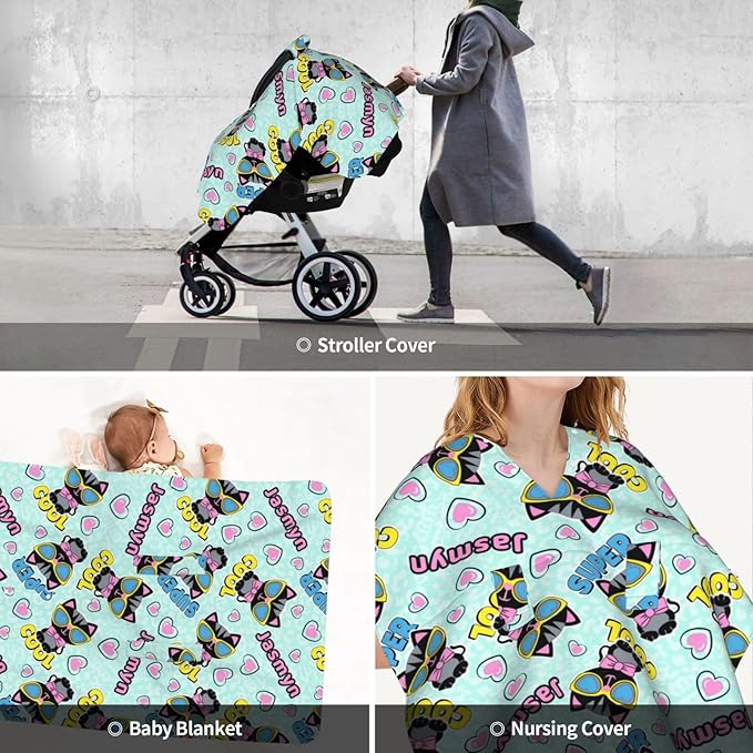 Personalized Baby Car Seat Canopy With Name - Custom Cute Cat Stroller Cover for Girls, Minky Nursing Cover for Breastfeeding, Newborn Carseat Canopies