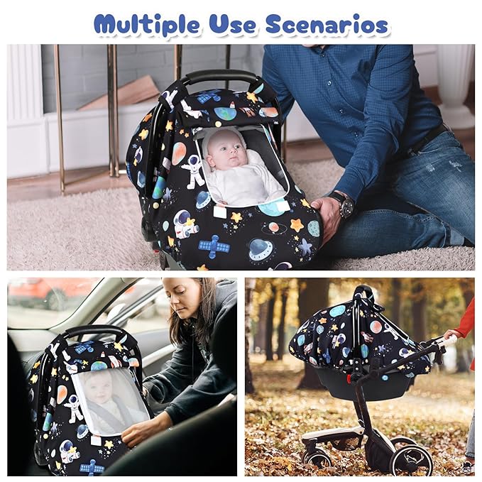 Baby Car Seat Cover, Windproof Carseat Cover for Infant Girls, Infant Warm Carseat Canopy with Double Layer Fabric for Winter, Compatible with Most Baby Car Seat, Black Space