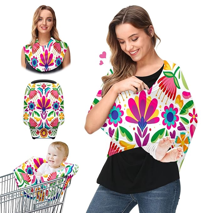 Baby Car Seat Stroller Covers Spring Mexican Flower Leaf Nursing Cover Breastfeeding Scarf Soft Breathable Stretchy Infant Car Canopy Coverage Carseat Cover for Boys and Girls Multi Use