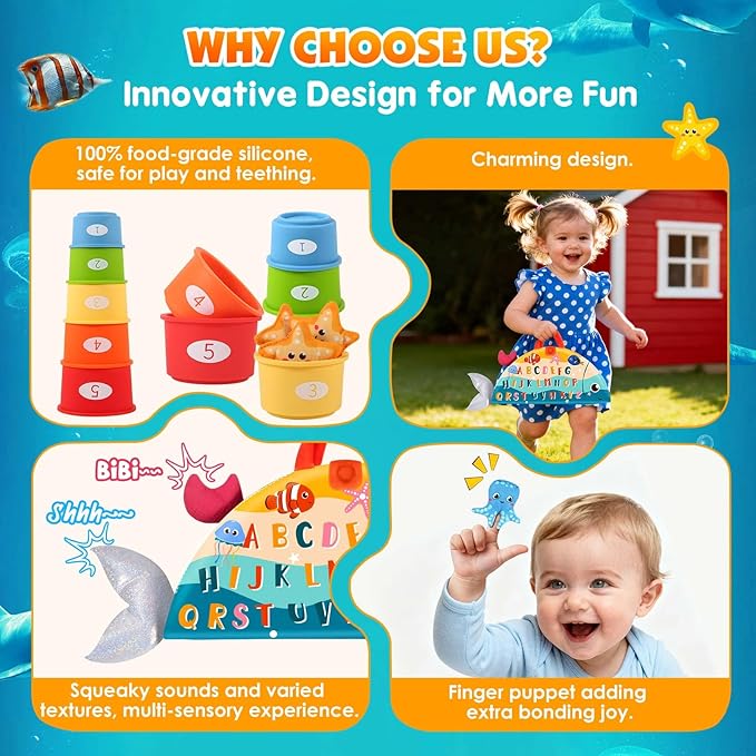 FREYBLI Montessori Toys for 1 Year Old - Cloth Toddler Fishing Game with Stacking Cups, Fishing Toy for One Year Old Boy Girl First Birthday Gifts, Sorting Learning Baby Toy 1-3 Easter Basket Stuffers