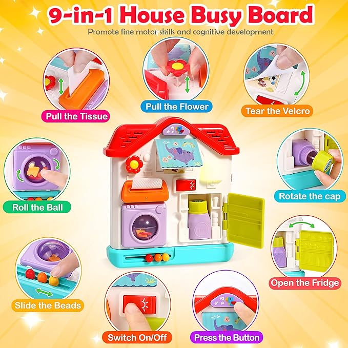 Baby Busy Board for 1 Year Old, Musical Montessori House Busy Board with Light & Music, Toddler Activity Toy for Boys Girls 12-18 Months, 1 Year Old Birthday Gift