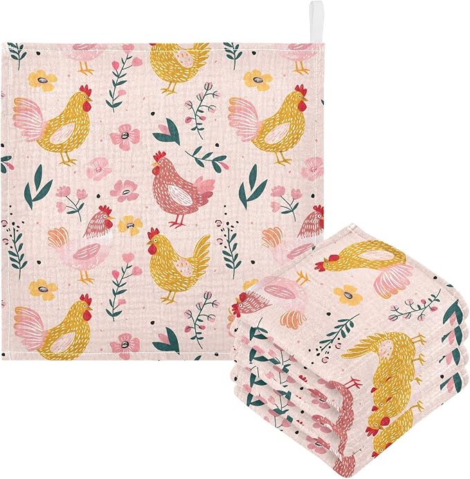 Bolaz Washcloths Set Bathroom Kitchen Wash Cloths Face Towels Wipes Chickens Pink Decorative 12x12 Inch 5 Pack