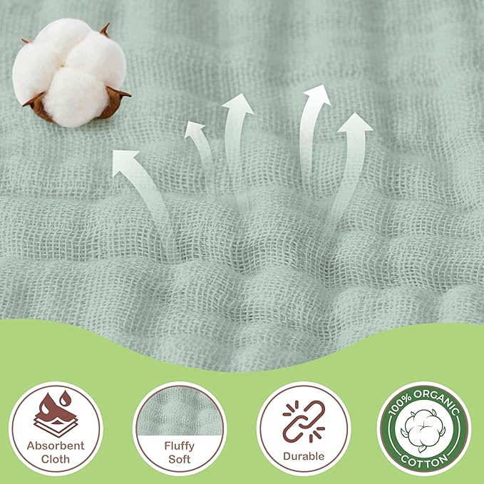 100% Organic Cotton Muslin Baby Hooded Towels - 32x32 Inch, 2 Pack Newborn Bath Towels for Boys & Girls, Soft & Absorbent Bath Set (Green/Mint Green)