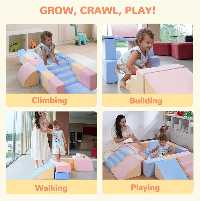 Toddler Climbing Toys Indoor, 11-Piece Soft Foam Play Set for Toddlers Kids 1-3, Baby Climbing Blocks with Slide, Ramp and Steps, Crawl and Climb Activity Gym, Lightweight, Easy to Clean Gift