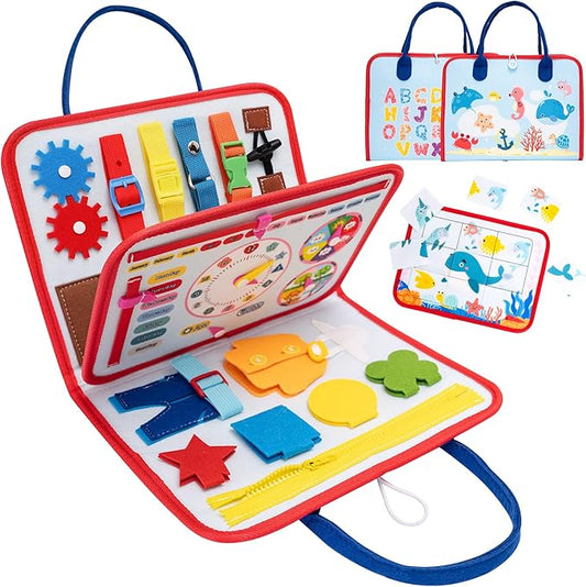 Busy Book for Toddlers - Montessori Sensory Toys for Travel, 4-Page Fine Motor Activity Board Gift for Boys & Girls (Ocean)