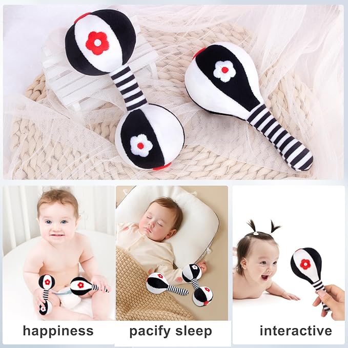 Soft Baby Rattles 0-6 Months - 2 Pack Infant Developmental Toys with Black & White Contrast | Sensory Newborn Toys for Girls & Boys | Set (BPA Free)