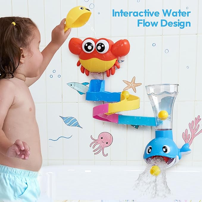 lalalark Bath Toys for Kids, 7-in-1 Shower Bathtub Toy with Crab, Whale, Rotating Fish & Slide Track, Interactive Water Play Set with Pour & Spray Fun for Toddlers, Boys Girls Birthday Gifts 3-5