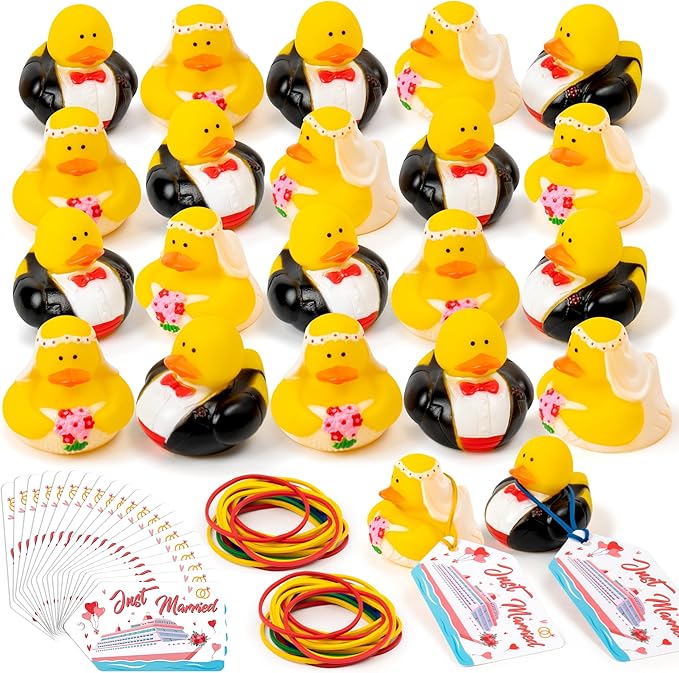 H1vojoxo Wedding Rubber Ducks for Cruise - 20 Set Just Married Cruise Duck Tags Kits Bride Groom Duckies for Honeymoon Anniversary Party Bathtub Wedding Car Cake Decoration Bridal Shower Gift Souvenir