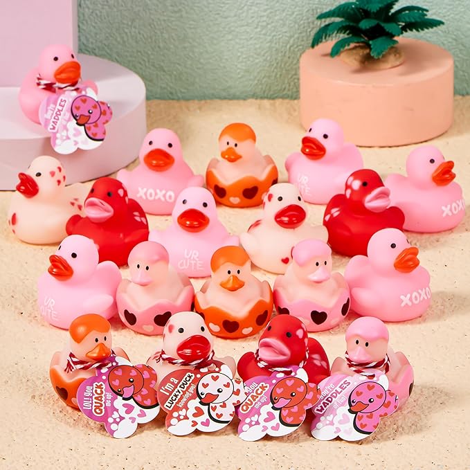 JOYIN 24 Pcs Valentine’s Day Gift Cards with Rubber Duck for Kids,Mini Rubber Duck Bath Toys for Classroom Exchange Prizes, Valentine Party Favors Toys