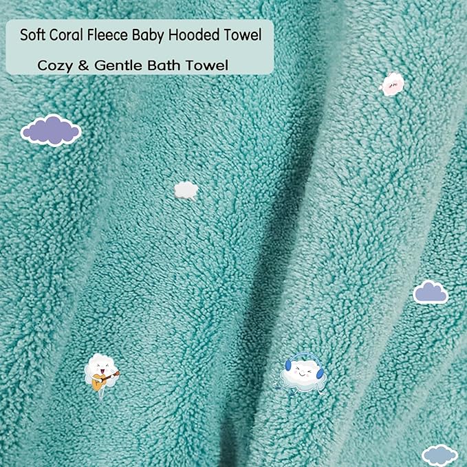 Toddler Baby Bath Towel with Hood 27.5"X55" Ultra Absorbent Soft Cozy Comfort Bathrobe Blanket, 0-6 Years Infant Shower Towel for Girls & Boys(Greenish-Blue)