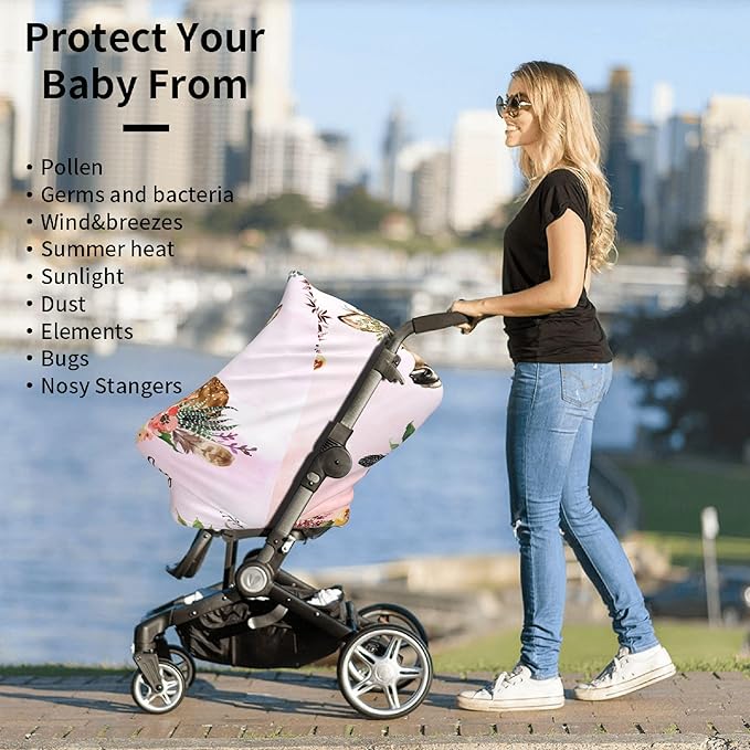 Personalized Deer Baby Car Seat Cover with Name,Multi-Use Canopy for Nursing, Strollers,Shopping Carts,Customized Breastfeeding Cover, Full Privacy,Infant Stroller Cover