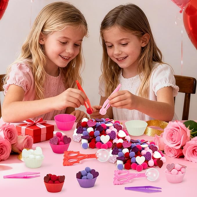 EZdhuawuse Valentines Sensory Bin Fillers - 267P Valentine’s Day Gift Fine Motor Toys Counting Sorting for Kids, Counting Toy with Shiny Heart Pink Pom Poms Cup Clip for Preschool Education Activities