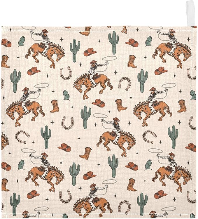 Western Cowboy Cactus Baby Washcloths Newborn Muslin Burp Cloths 3 Pack Soft Cotton Baby Face Bath Towel Drool Bibs for Infants, Girls and Boys 11.8 x 11.8 Inch