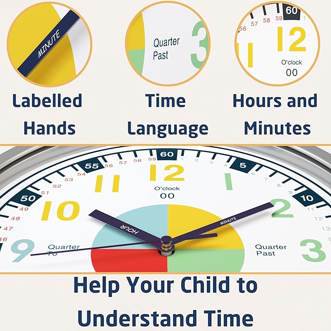 OWLCONIC Clock for Kids – Educational Analog Learning Wall Clock, Non Ticking Teaching Clock for Classroom & Homeschool, Silent Kids Bedroom Décor Multicolor