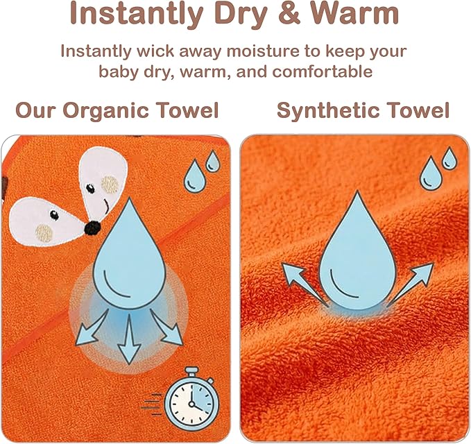 Mother's Choice 100% Organic Cotton Baby Hooded Towel – Ultra-Soft & Absorbent Baby Bath Towels for Newborn with 3D Orange Fox Design