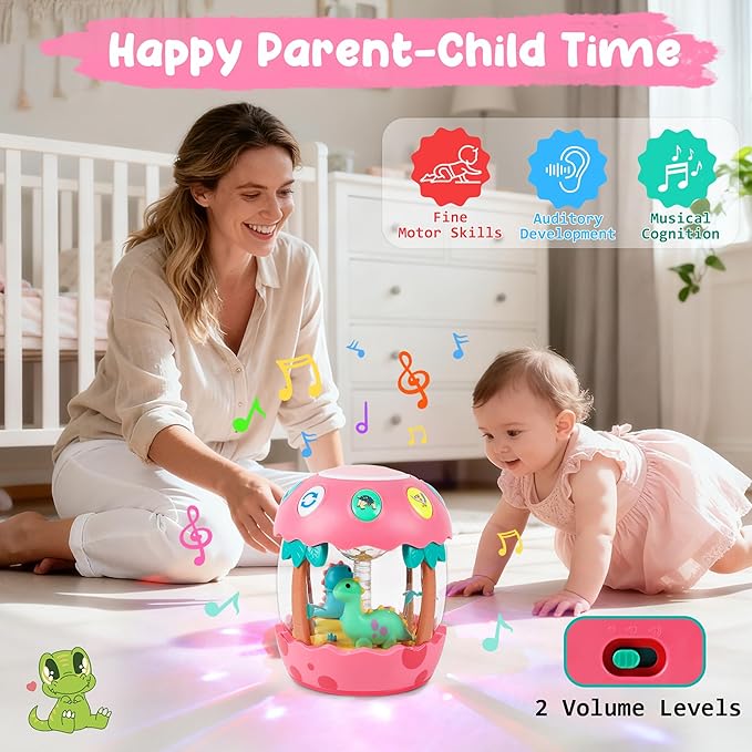 M SANMERSEN Baby Girl Toys 6-12 Months, Dinosaur Rotating Light Up Musical Baby Toys for 0-6 12-18 Months Newborn Infant Crawling Tummy Time Toys, Birthday Easter Gifts for Baby Girls- Pink