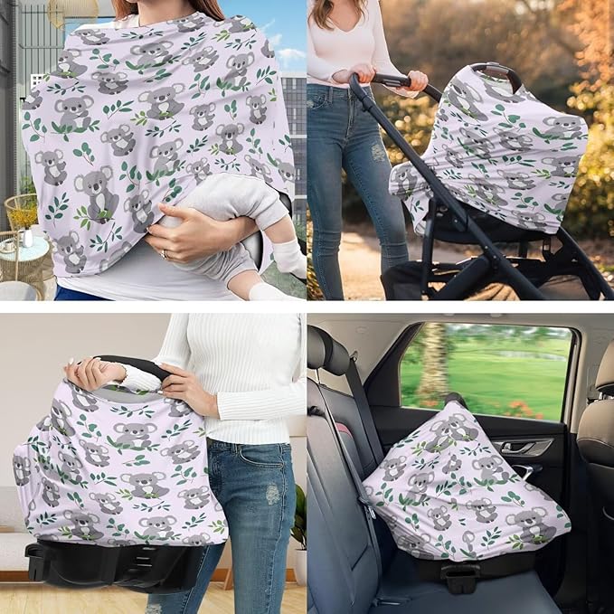 Koala Carseat Canopy for Babies Fits Most Strollers & Baby Car Seats Soft Stretchy Safely Breastfeeding Pillow Cover Baby Essentials Eucalyptus Leaves