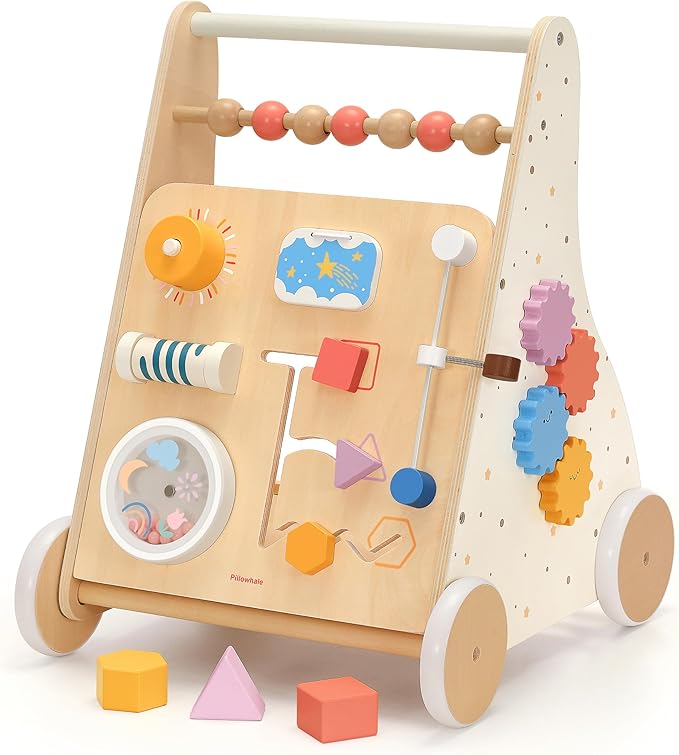 Pillowhale Wooden Baby Walker for Toddlers Learning to Walk, Push Walker Toy with Montessori Activity Center & Adjustable Brake, 12M+ (Spring Bird)