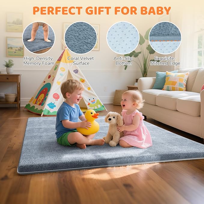 Omzer Baby Play Mat for Floor - 1.3" Thick Foam 65x50 Inch Playpen Mats with Removable & Washable Cover for Tummy Time, Soft Coral Velvet & Non-Slip Crawling Pad for Babies, Toddlers, Infants - Grey