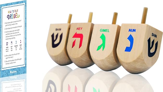 The Dreidel Company Hanukkah Dreidel 24 Extra Large 3" Inch Wooden Dreidels Hand Painted - Includes Game Instruction Cards