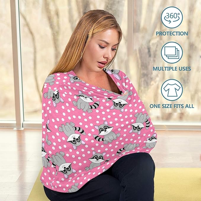 Cartoon Cute Raccoon Pink Polka Dot Pattern Stretchy Baby Car Seat Cover Infant Canopy Nursing Covers Breastfeeding Cover Breathable Windproof Winter Scarf for Boys Girls