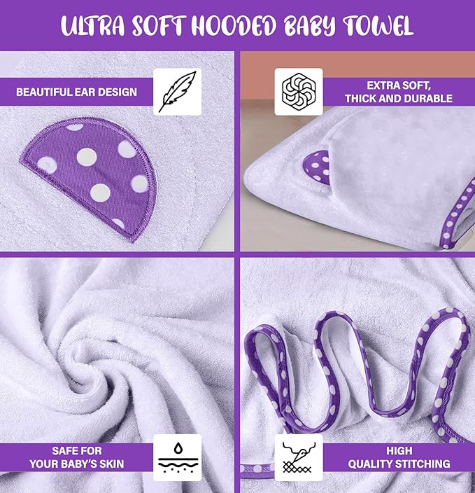 Set of 2 Hooded Baby Towels – Purple and Grey – Luxurious, Large and Super Absorbent – 30 x 30 Inch – Soft and Suitable for Infants, Toddlers and Kids – 400 GSM