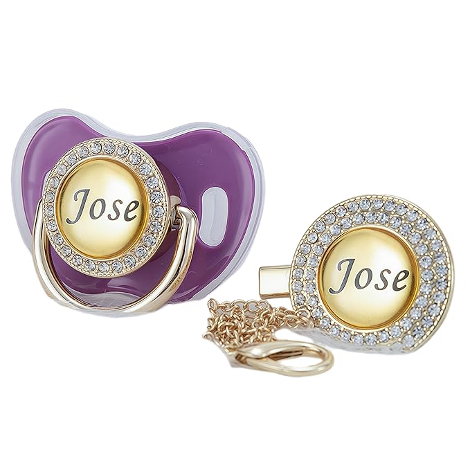 Custom Name Bling Pacifier & Clip Set – Personalized Binky for Baby Shower, Newborn Keepsake for Photos (Purple)