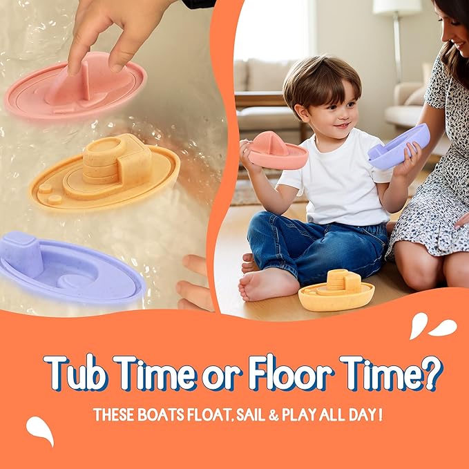 Baby Bath Toys 6-12 Months, No Hole Fully Sealed Wheat Straw Bathtub Boats for Toddlers 1-3, Floating Water Playset for Boys & Girls, for Kids, Sensory Montessori Play Set