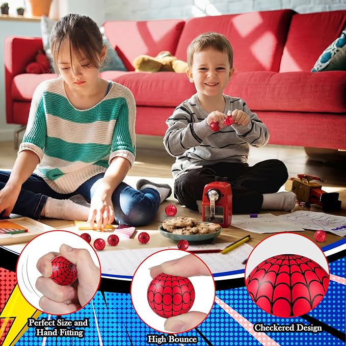 Sotiff 24 Pcs 1.26 Inch 32mm Mini Spider Web Bouncy Balls Bulk Red Black Spider Web Rubber Bounce Balls Bulk for Party Favors, Goodie Bag Fillers, Easter Gift Bag Stuffers