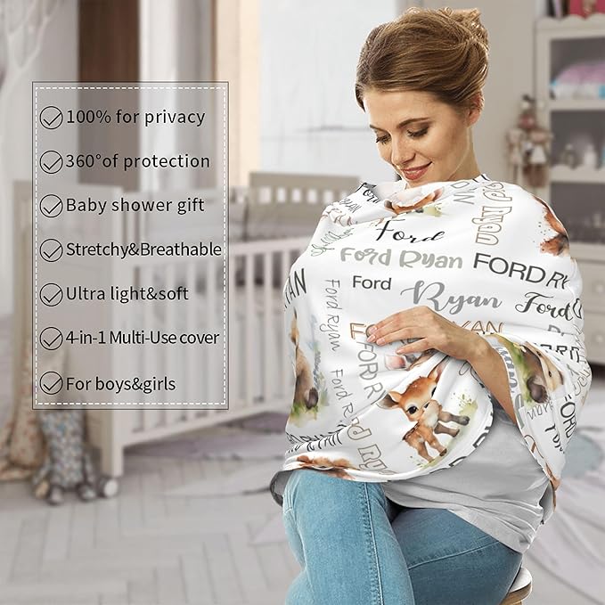 Personalized Baby Car Seat Covers for Babies, Custom Woodland Nursing Breastfeeding Carseat Canopy with Name, Infant Stroller Covers for Newborn Girls Boys, Breathable Carseat Cover