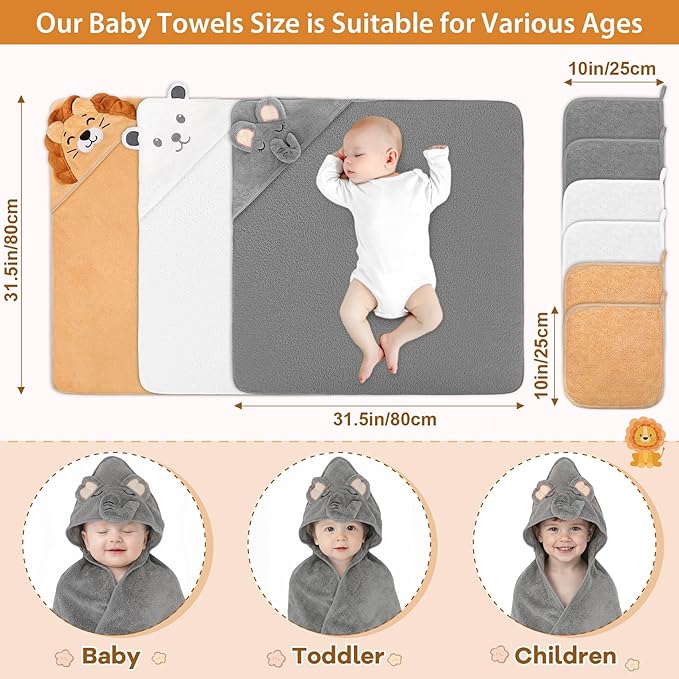 CandyHome 9 PCS Baby Bath Towels for Infants Toddlers, 3 PCS Animal Hooded Baby Towels & 6 PCS Washcloths Set, Ultra Absorbent Soft Cute Newborn Bath Essentials Gifts for Boys & Girls