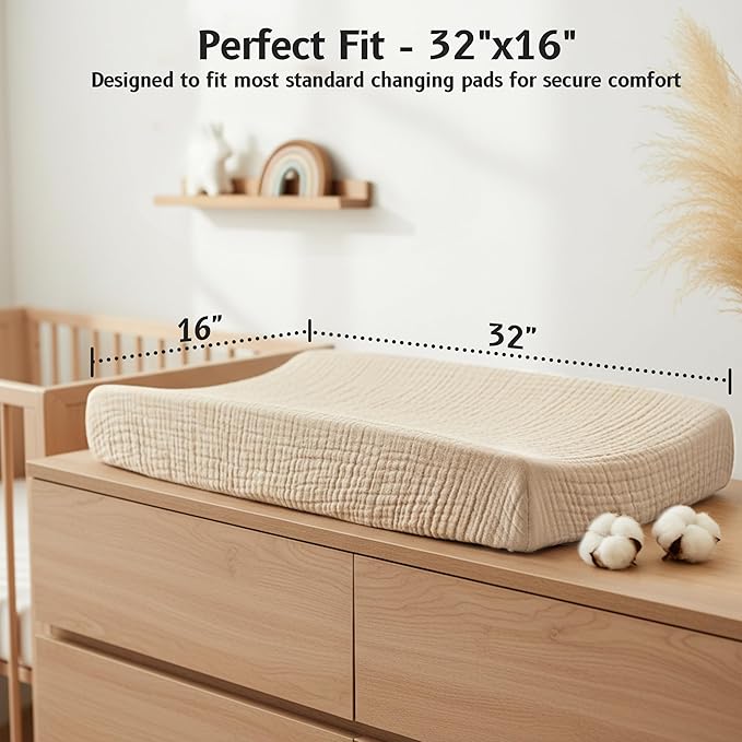 Muslin Changing Pad Cover, Baby Diaper Changing Table Pad Sheets, Cotton Soft Breathable Fitted, Boys Girls Neutral 2 Pack (Brown＆Beige)