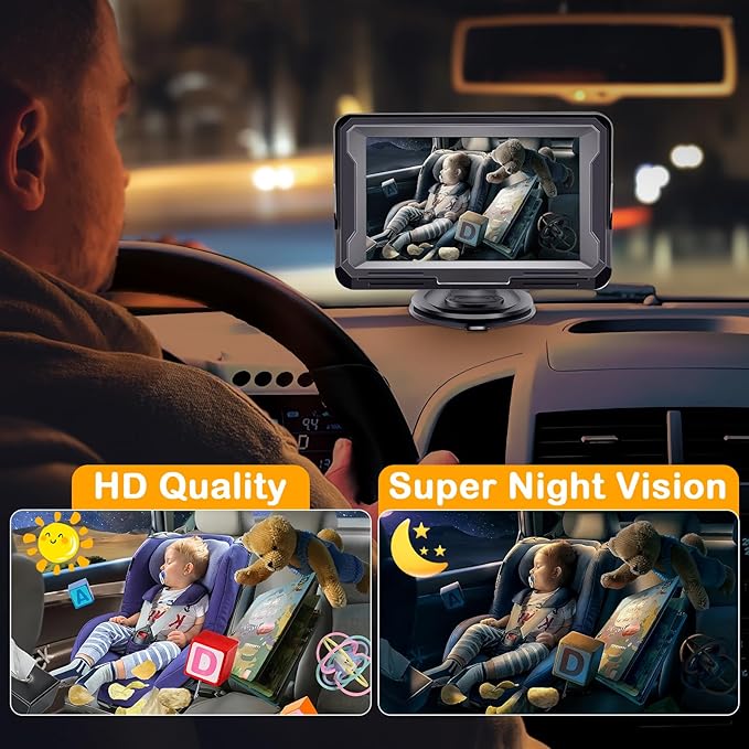 AMTIFO Baby Car Camera 1080P HD Plug-Play Monitor: 4.3 Inch IPS Display with Sun Visor - 150° Wide-Angle 360° Swivel Backseat Cam, Infrared Night Vision, Rabbit Design - Beige
