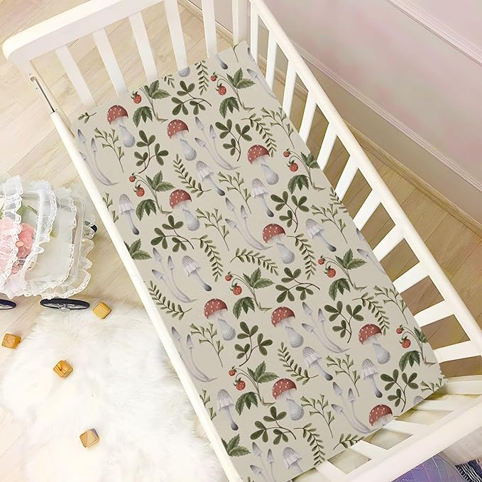 Fitted Crib Sheets Mushrooms Fall Leaves Stretchy Portable Playard Sheets for Baby Toddler, Breathable Soft Mini Crib Mattress 39 x 27 in for Boys and Girls