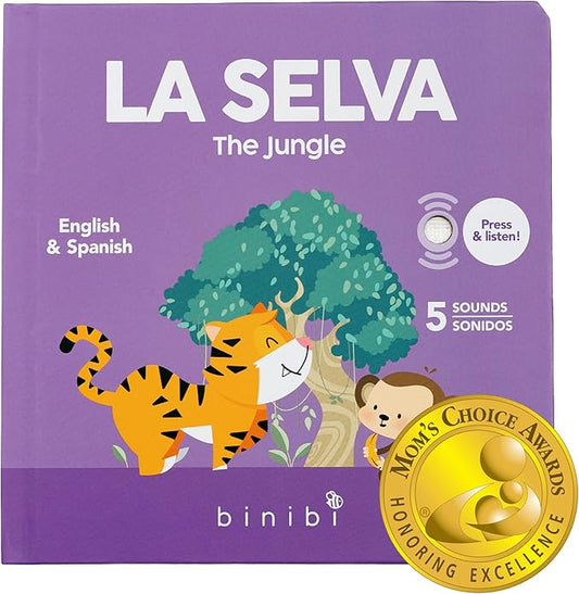Binibi Bilingual Spanish Sound Board Book for Babies & Toddlers 1–3 – Jungle Animal Sound Buttons, Interactive Early Spanish Learning Board Book – Durable Gift