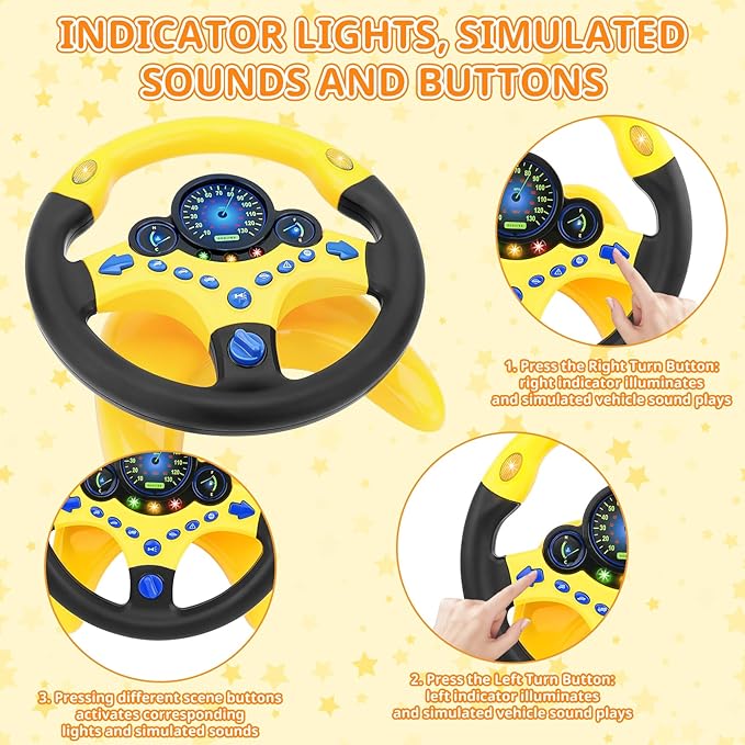 deAO Kids Steering Wheel for Backseat with Car Key Pretend Driving Simulated Driving Steering Wheel Toy with Light and Music Gifts for Kids (Yellow)