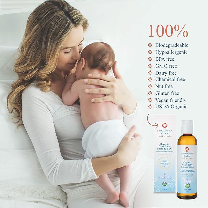 Shoosha Organic Calendula Oil French Lavender, for Babies, Real Calendula Oil, Calendula Massage Oil Moisturizer, Hypoallergenic, Gluten-Free, 100% Biodegradable
