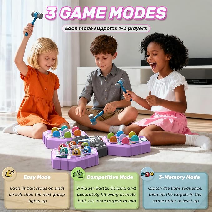 Whack Game Mole, Game 3+ Year Old, 3 Year Old Boy, 4 Year Old Toy, Gift for 3 Year Old, Boys Toys Age 4-6, 3-Players Whack Toy with 3 Modes, 7 Speeds, Light&Sounds, Birthday Gift for Todder(Purple)
