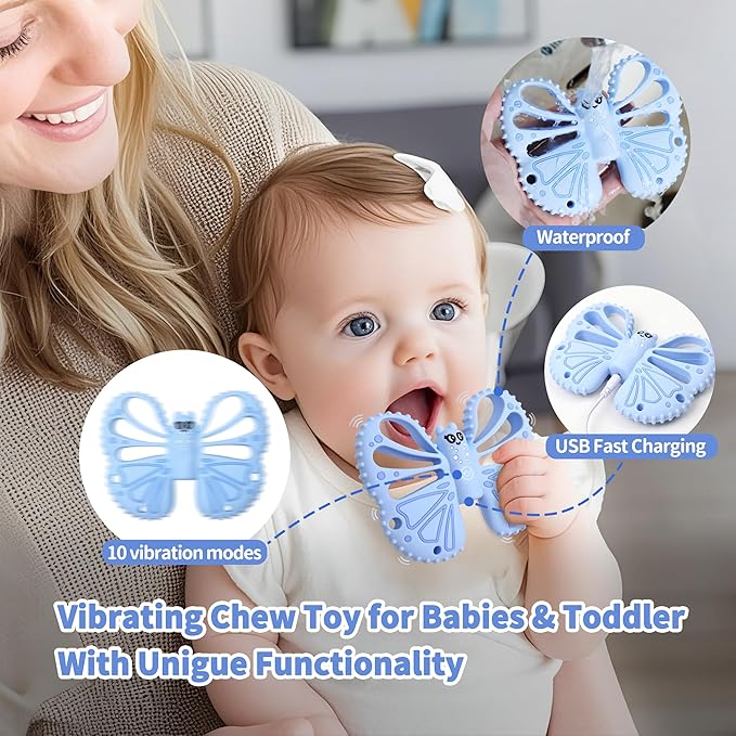 Vibrating Sensory Chew Toy for Autistic Children - USB Fast Charging, 10-Speed Vibration Baby teether, Rechargeable Teether for Babies 18 Months, Autism Sensory Toys & Calming Chew Toys (Blue)