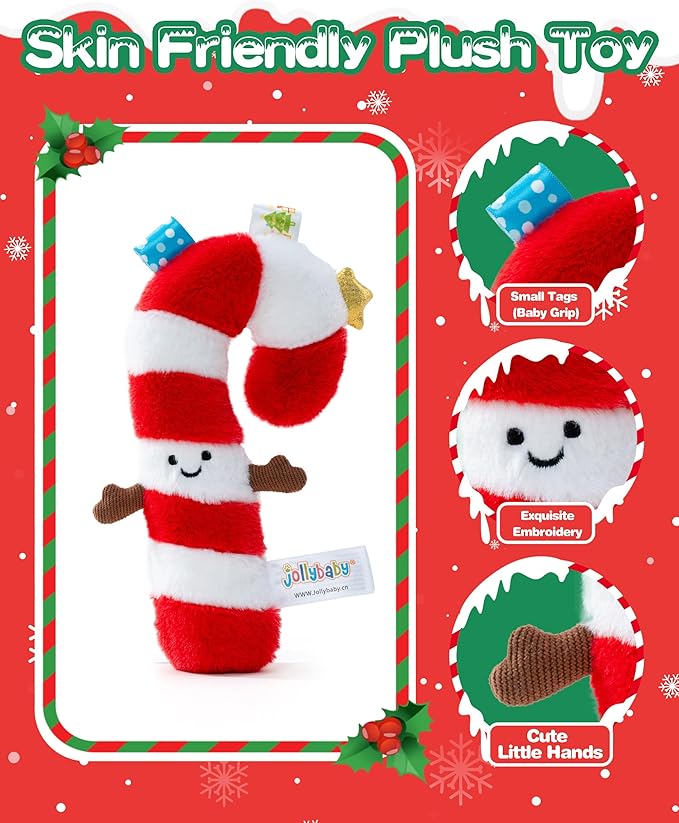 Jollybaby Car Seat Stroller Crib Toy for Baby 0-6-12-18-36 Months, My Baby First Christmas Toy Candy Cane Squeaker, Tummy Time Infants/Newborns Easter Gifts for Boy and Girl
